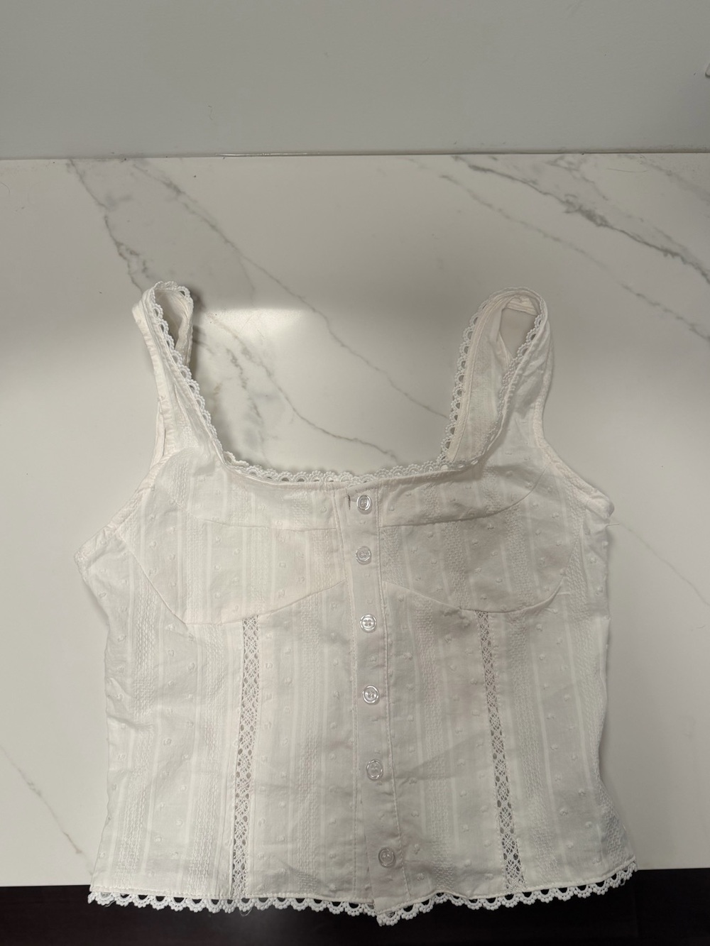 Shein White Lace-Trim Button Front Tank Top